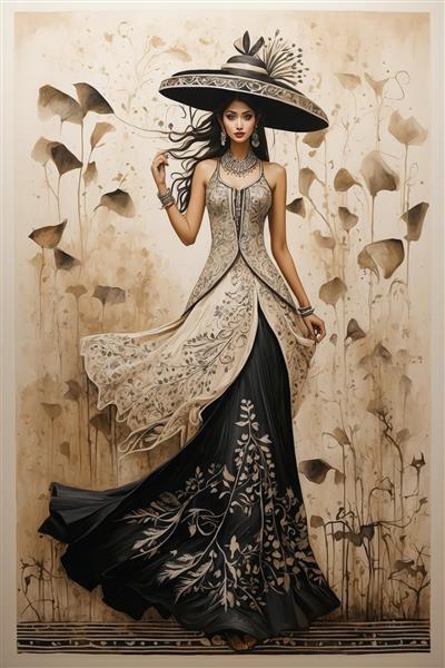 زن با لباس فاخر کرم و مشکی دنباله‌دار و کلاه بزرگ لبه‌پهن در محیط آبرنگی لوکس