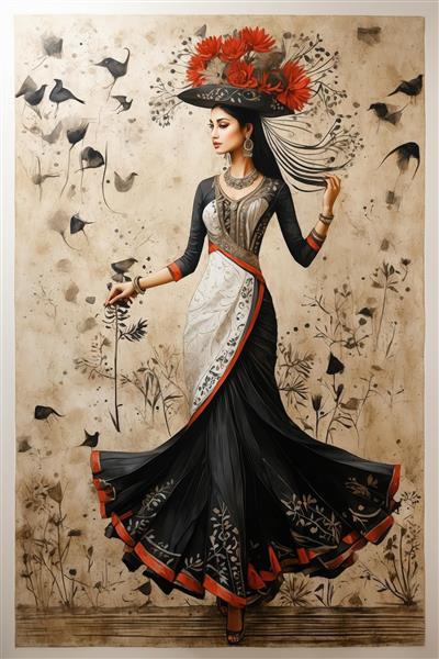 مدل زن با لباس بلند سنتی و کلاه پردار قرمز در میان نقوش پرندگان و گیاهان