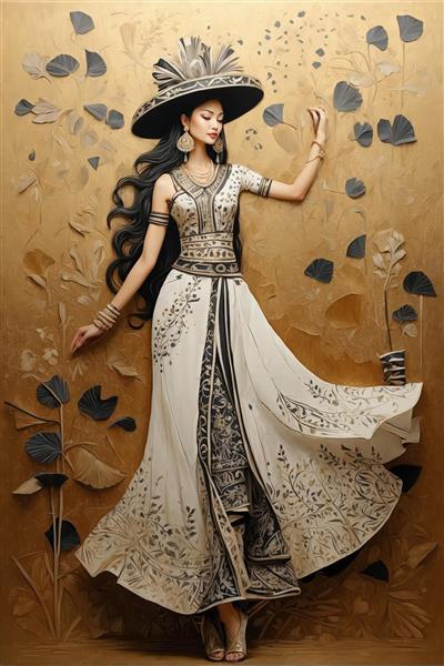 پرتره زن با لباس مجلسی سفید و طلایی طرح‌دار در پس‌زمینه بافت‌دار و لوکس طلایی