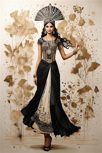 زن زیبا با لباس فاخر سنتی سیاه و سفید و کلاه تاج‌مانند در پس‌زمینه گیاهی قهوه‌ای