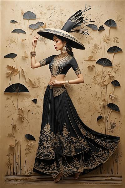 مدل زنانه با لباس مجلسی مشکی و طلایی طرح‌دار در میان نقوش گیاهی روی دیوار کرم