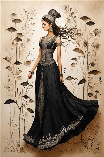 تصویر جذاب زنانه با پیراهن مشکی بلند و موهای رها شده در زمینه گیاهان فانتزی