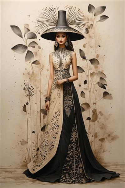زن با لباس مجلسی دو رنگ و کلاه بزرگ مخروطی در طرح‌های آبرنگی با تم گیاهی تیره