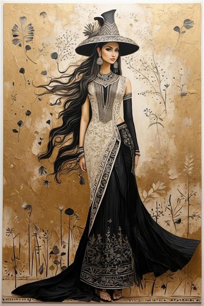 تصویر فشن زنانه با لباس دنباله‌دار مشکی و کرم و کلاه گشاد در زمینه آبرنگی طلایی و جذاب