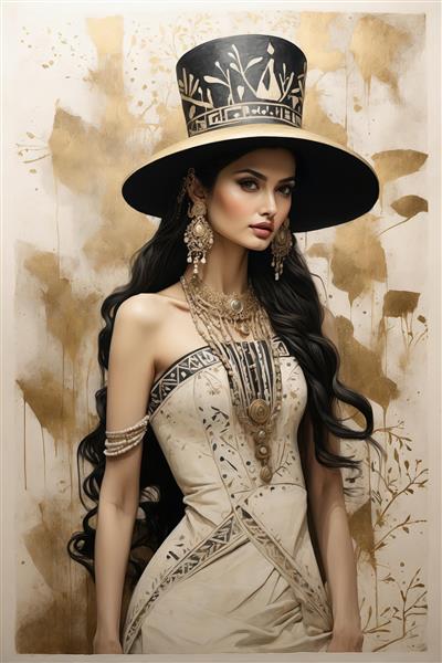 پرتره نزدیک از مدل با کلاه لبه‌دار مشکی و طلایی و زیورآلات زیاد در پس‌زمینه مجلل