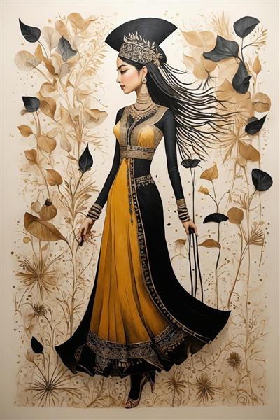 زن با لباس مجلسی زرد و مشکی بلند با پس‌زمینه طرح گیاهی و برگ‌های پاییزی