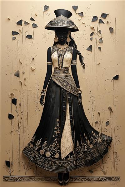 تصویر زن با لباس بلند سنتی و کلاه چینی در طراحی الهام گرفته از هنر نقاشی قدیمی