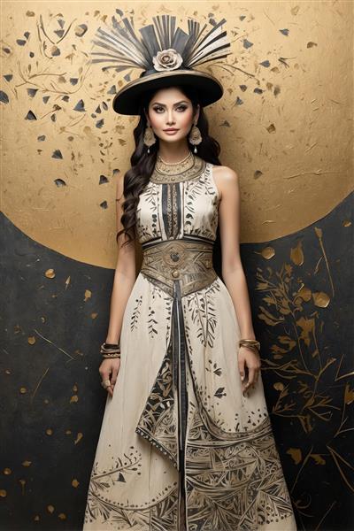پرتره مدل زن با لباس فاخر سنتی و کلاه پردار در زمینه مشکی و طلایی لوکس