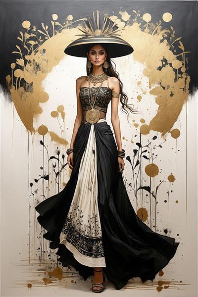 زن شیک‌پوش با لباس مجلسی فاخر سیاه و سفید و کلاه لبه پهن روی پس‌زمینه هنری طلایی
