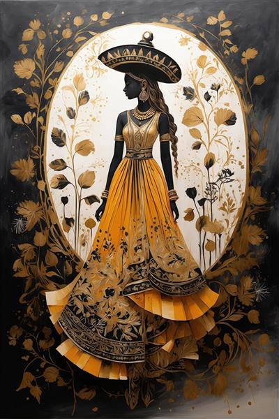 سیلوئت زن با لباس طلایی و کلاه در قاب بیضی (هنر دکوراتیو لوکس)