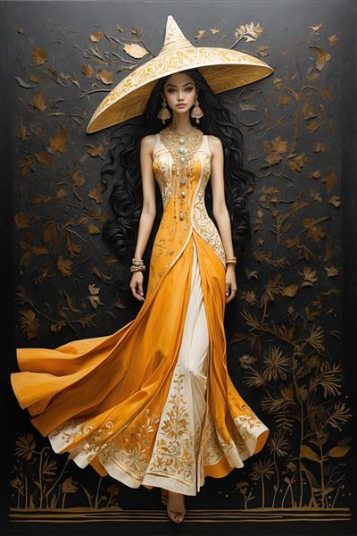 طرح زن با لباس مجلسی بلند نارنجی طلایی و کلاه حصیری بزرگ (پس‌زمینه مشکی)