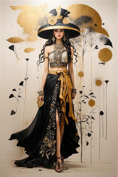 طرح زن با لباس فشن مشکی و طلایی و کلاه بزرگ (استایل آرت دکو)