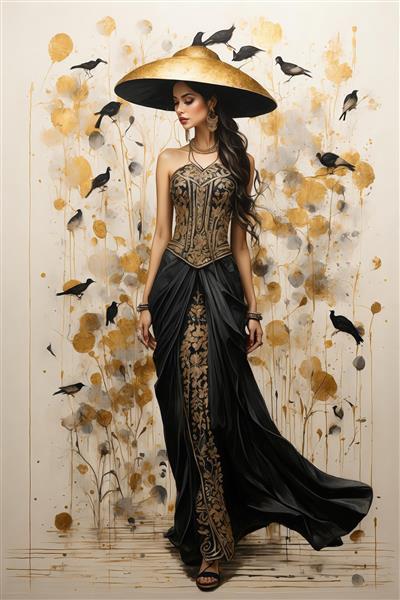 نقاشی آبرنگی زن با کلاه طلایی و لباس شب مشکی طلایی (هنر دکوراتیو فشن)