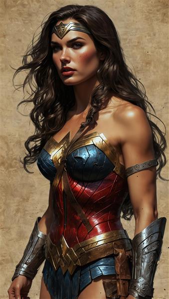 پرتره نیم‌تنه واندر وومن با زره کامل و تاج طلایی (طراحی کلاسیک کمیک)