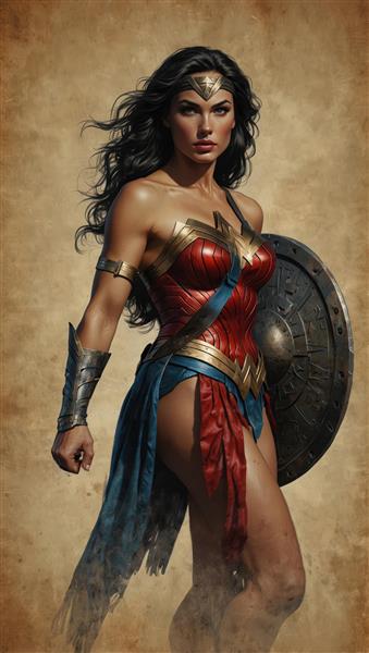 واندر وومن تمام‌قد با سپر بزرگ در حال حرکت (کیفیت چاپ عریض هنری)