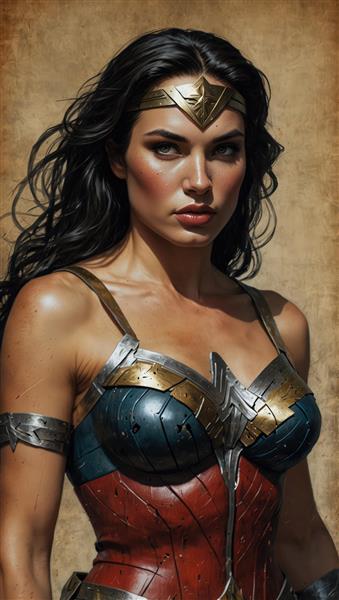 کلوزآپ واندر وومن با زره سوتینی و بند چرمی (تصویر با جزئیات بالا)