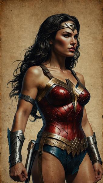 واندر وومن (نمای نیم‌رخ) با زره نقره‌ای و کمربند طلایی (تصویر دکوراتیو باکیفیت)