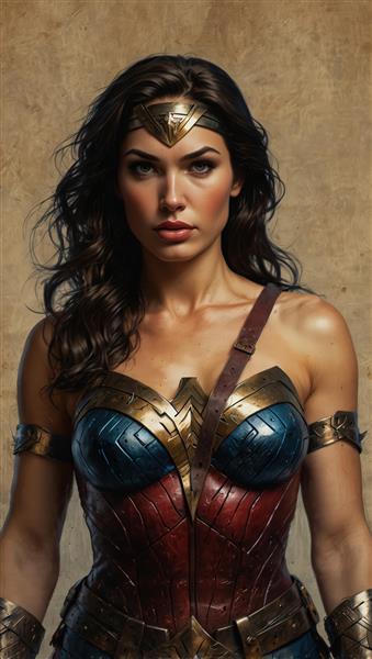 پرتره کلوزآپ واندر وومن با زره سینه‌ای آبی و قرمز (کیفیت چاپ تابلو)