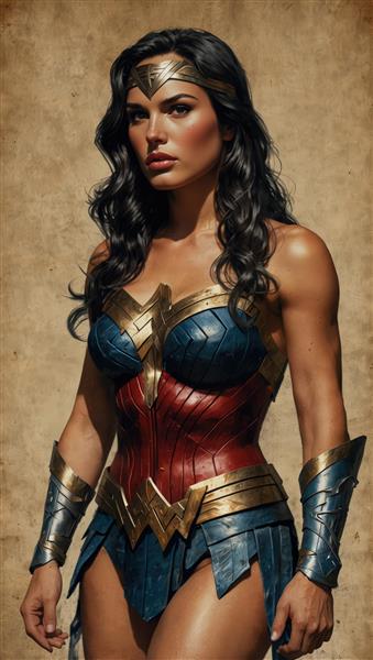 پرتره نیم‌تنه واندر وومن با زره آبی و قرمز کلاسیک (مناسب چاپ عریض)