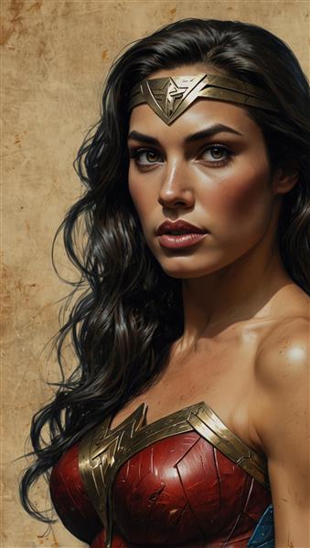 پرتره کلوزآپ واندر وومن با چشمان جذاب و تاج طلایی (کیفیت فوق‌العاده صورت)