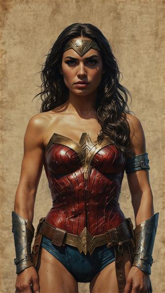 پرتره تمام‌قد واندر وومن (نمای جلو) در زره کلاسیک بدون سپر و شمشیر