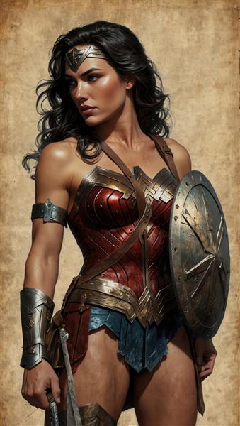 واندر وومن با نگاه به کنار، همراه با شمشیر و سپر ستاره‌دار (تصویر اکشن قوی)