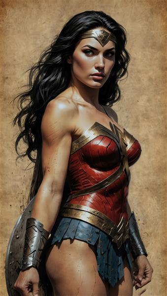 پرتره نیم‌تنه واندر وومن با سپر و زره کلاسیک (مناسب چاپ دکوراتیو لوکس)