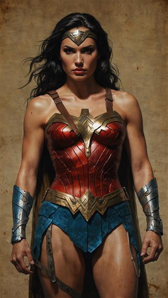 واندر وومن با زره سینه‌ای قرمز چرمی و دامن آبی، با موهای آشفته (کیفیت چاپ تابلو)