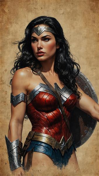 واندر وومن با زره قرمز نقره‌ای و سپر بزرگ در حال مبارزه (طراحی باکیفیت)