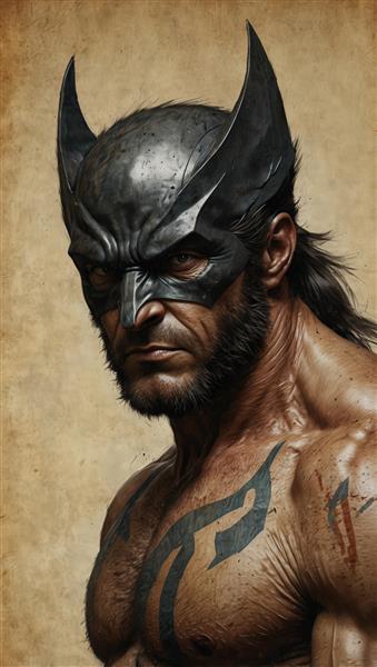 پرتره کلوزآپ وولورین با ماسک تیره، تتوهای قبیله‌ای و زخم (کیفیت آتلیه‌ای)