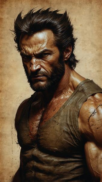 وولورین در تی‌شرت قهوه‌ای چرمی و عضلات قوی (کیفیت بالا برای چاپ روی بوم)