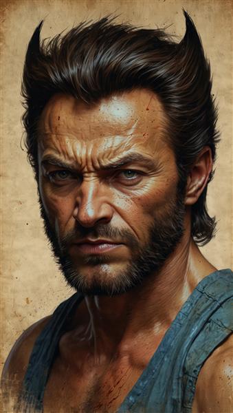 پرتره نزدیک از صورت وولورین با ریش کوتاه و تی‌شرت آبی (نگاه جدی و نافذ)