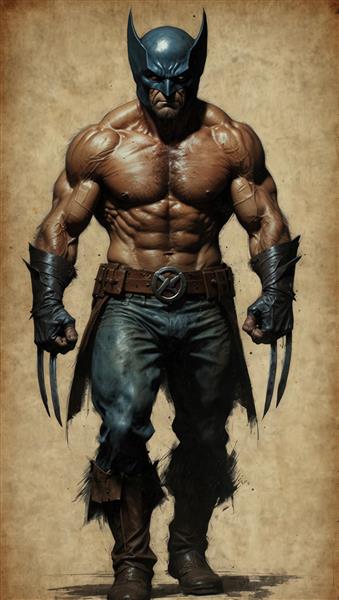 وولورین تمام قد با ماسک آبی تیره و لباس رزمی چرمی و شلوار جین (طرح اکشن)