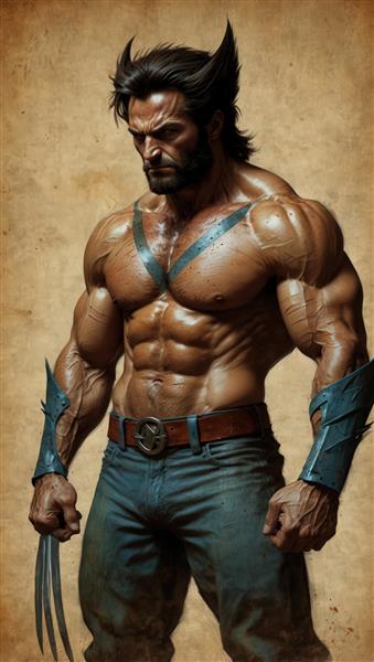 طرح وولورین با نیم‌تنه برهنه و نشان فلزی آبی روی سینه و دستبندهای نظامی