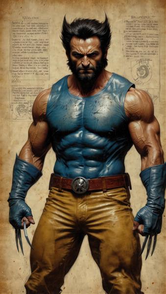 وولورین با لباس آبی عضلانی و شلوار چرمی زرد (طراحی فانتزی و باکیفیت)