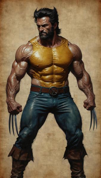 تصویر باکیفیت وولورین با تی‌شرت زرد و شلوار جین آبی (مناسب چاپ دکوراتیو)