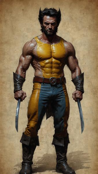 وولورین در لباس زرد و آبی کلاسیک کمیک با شمشیرهای آدامانتیوم (کیفیت چاپ پوستر)