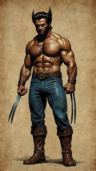 وولورین بدون لباس با پنجه‌ها، شلوار لی و چکمه در زمینه قدیمی (کیفیت آتلیه‌ای)