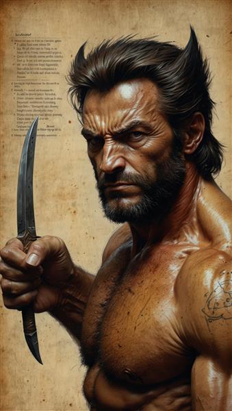 کلوزآپ صورت وولورین با نگاه نافذ و خنجر در دست (کیفیت فوق‌العاده چاپ)