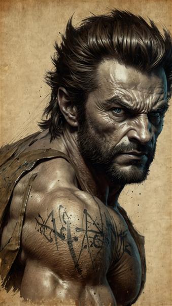 پرتره خشن وولورین با تتو و شانه عضلانی (تصویر پس زمینه باکیفیت)