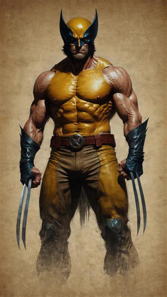 وولورین کلاسیک تمام قد در لباس زرد و قهوه‌ای با پنجه‌های کشیده