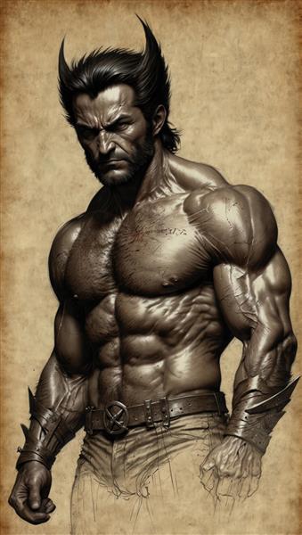 تصویر سیاه و سفید وولورین با عضلات برجسته و طراحی مدادی (کیفیت چاپ تابلو)