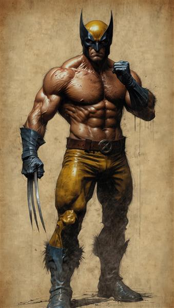 طرح گرافیگی وولورین در لباس کلاسیک زرد با ماسک و پنجه‌های فلزی