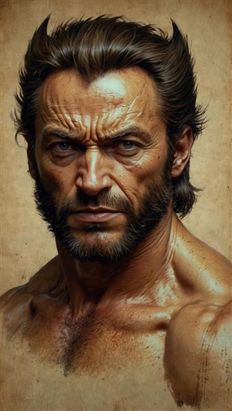 پرتره کلوزآپ وولورین با نگاه خشمگین و ریش و سبیل پرپشت (کیفیت دکوراتیو)