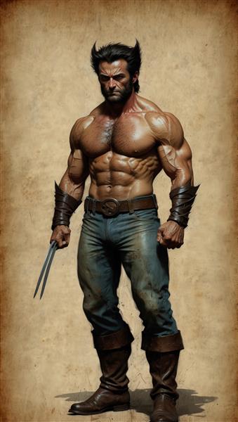 وولورین با عضلات بزرگ و تیغ‌های آدامانتیوم در زمینه کاغذ کهنه