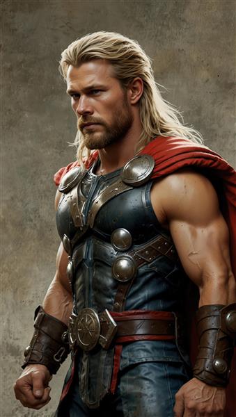پرتره ثور با موهای بلند و زره قهوه‌ای و نقره‌ای (تصویر باکیفیت برای پوستر)