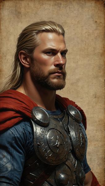 تصویر اورجینال ثور قهرمان مارول با زره فلزی و شنل قرمز (کیفیت چاپ عریض)