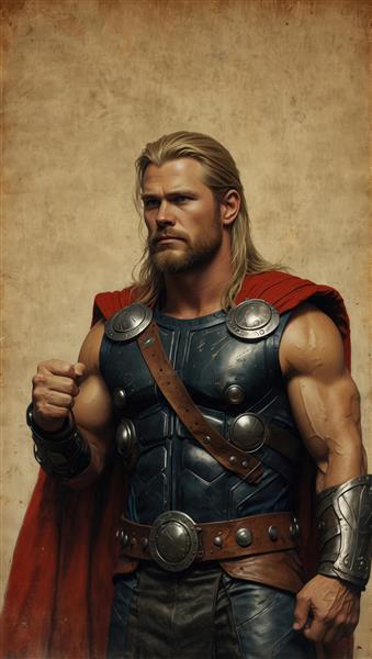 تصویر باکیفیت نیم‌تنه ثور با دست گره‌شده، پرتره قدرتمند در زره سنگی و شنل قرمز