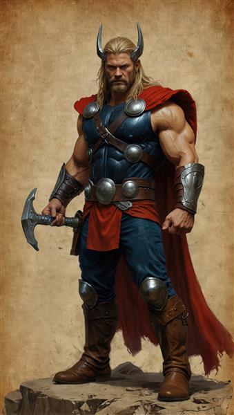 تابلو ثور با تبر و کلاه‌خود، تصویرسازی عضلانی در ژست مبارزه روی سنگ