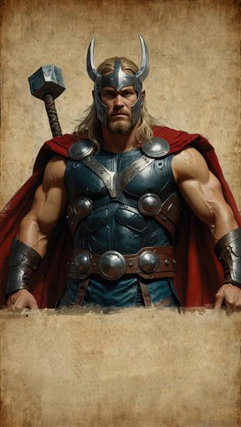 تصویر اورجینال ثور با کلاه‌خود شاخدار و چکش طرح باکیفیت برای دکوراسیون دیواری